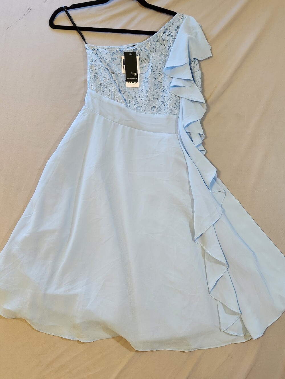 TFNC Powder Blue One-Shoulder Lace and Ruffle Dress